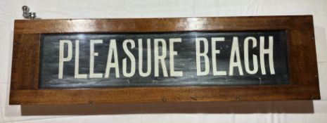 A wooden Blackpool Tram destination box with blind. Mechanism moves and changes the blind. Item in