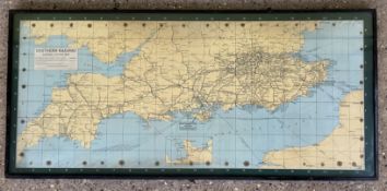 A Southern Railway General System Map in a black wooden frame printed by Waterlow & Sons. (51 x 23.5