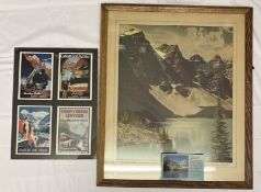 Four miniature (12cm x 17cm) prints of Canadian Pacific posters in a glass frame and one framed