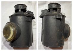 Large black railway lamp no markings, in unrestored condition.