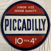 An enamel circular advertising sign for Piccadilly Cigarettes that appears to have had some