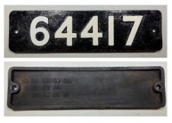 Ex Great Central Railway class 9J (LNER class J11/3) No.64417 Smoke box door number plate Very