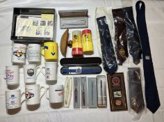 Assorted 1980s & 1990s railway mugs (9), pens and ties. A blank Southern Railway stamp. 25 items