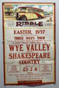 Ribble Motor Services Easter 1937 3-day tour to the Wye Valley and Shakespeare Country. Paper poster