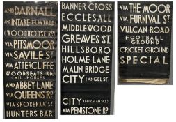 A Sheffield tram end lower (via) destination blind manufactured by Norco. This complete blind has no