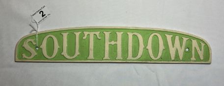 Southdown Radiator badge 38.5cm x 7cm. Repainted in lighter colours. Cast aluminium.