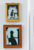 Hinterglasbild mit Dame am Schreibtisch & Hinterglasbild mit kleinem Kind in Buch lesend als Silhoue