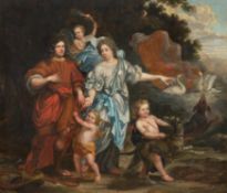 Niederländische Schule: Porträt eines Paares mit Jagdhunden und Putten