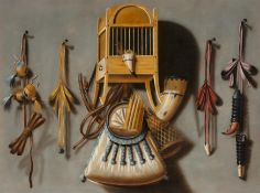 Johannes Leemans: Trompe l'oeil mit Vogelkäfig, Jagdhorn und Tasche