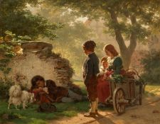 Ernst Bosch: "Fern der Heimat. Drei Bauernkinder betrachten einen an der Mauer schlafenden Savoyarde