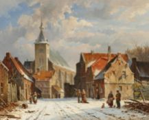 Adrianus Eversen: Winterlich verschneite Straße in einem holländischen Städtchen