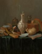 Gerrit van Vucht: Vanitas-Stillleben mit Büchern, Karaffe und Schädel