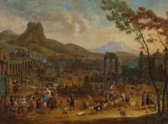 Peeter van Bredael: Italienische Dorflandschaft mit großem Markttreiben