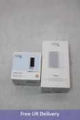 Two Ring items to include 1x Ring Wired Indoor Cam, White, 1x Ring Chime