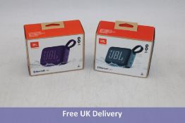 Two JBL GO 4 Ultra-Portable Bluetooth Speakers, 1x Purple, 1x Blue