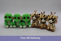 Six Beanie Baby Beanie Boos Animals to include 3x Turbo Turtle, 3x Stilts Giraffe