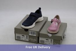 Two pairs Clarks Kids Shoes to include 1x Feather ATH Trainers, Navy, UK 12, 1x Joyful Skip, Pink Pa