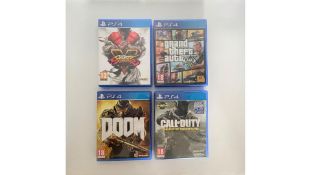 Four PS4 Games to include 1x Street Fighter, 1x DOOM, 1x COD Infinite Warfare, 1x GTA5. Used