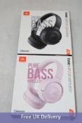 Two Pairs JBL TUNE150 Bluetooth Headphones to include 1x Black, 1x Rose