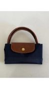 Longchamp Le Pliage Leather Strap Tote Bag, Blue Nylon, Brown, Size S