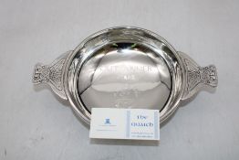 Extra Large Pewter Quaich, Engraved, 12" Handle to Handle. Box damaged