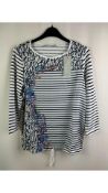 Bianca Women's Dami Top with Script Print, White Blue Stripes, Size UK 8