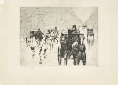 Lesser Ury. ”Winterliche Tiergartenallee mit Pferdedroschken”. Circa 1920