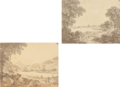 Adrian Zingg. View of Dresden with people walking / Landscape with river course and country folk.