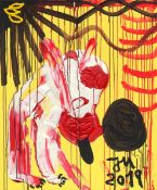 Jonathan Meese. ”DR. NO'S LIEBLINGSHUND ”FEATHER STROMIAN” BELLT NUR KUNST!”. 2019