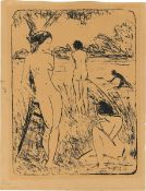 Otto Mueller. ”Ein am Baum stehendes, ein sitzendes und zwei badende Mädchen”. 1914–18