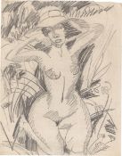 Ernst Ludwig Kirchner. Kneeling female nude with hat in dunes. 1912