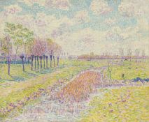 Paul Baum. ”Kopfweidenreihe an sonnigen Frühlingswiesen mit schilfgrasdurchwachsenem Ba…. Circa 1906
