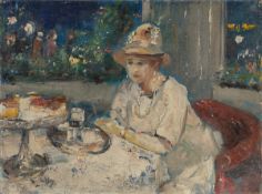 Lesser Ury. ”Dame in Weiß auf einer Café-Terrasse”. Circa 1928