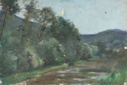 Lesser Ury. ”Thüringer Landschaft bei aufgehendem Mond (Studie)”. Circa 1895/1900