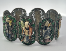 Silver Plated Chinese Enamel Filigree Panel Bracelet