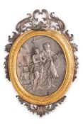 PLACCA IN ARGENTO CON CORNICE IN BRONZO DORATO, LEGNO E ARGENTO E CUSTODIA IN CUOIO, XVIII SECOLO
