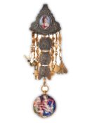 HUARD LEPUINE, CHATELAINE IN ORO GIALLO E ARGENTO E OROLOGIO BASSINE CON SMALTI, FRANCIA 1660-1777