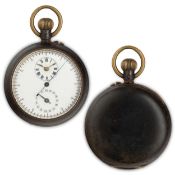 OROLOGIO DA TASCA IN METALLO BRUNITO, CON SECONDI AL CENTRO E CALENDARIO, SVIZZERA 1880 CIRCA