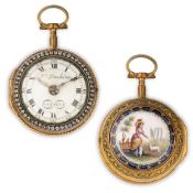 DUCHENE A GENEVE, OROLOGIO DA TASCA A DUE CASSE IN METALLO DORATO E SMALTI, SVIZZERA 1760 CIRCA