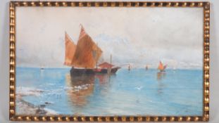 Feines Aquarell einer Küstenlandschaft mit Segelbooten, um 1900 - sign. Fritz Schellentraeger