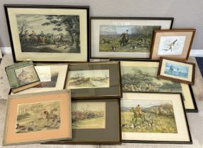 A selection of hunting prints, sketches and watercolours together with a book.