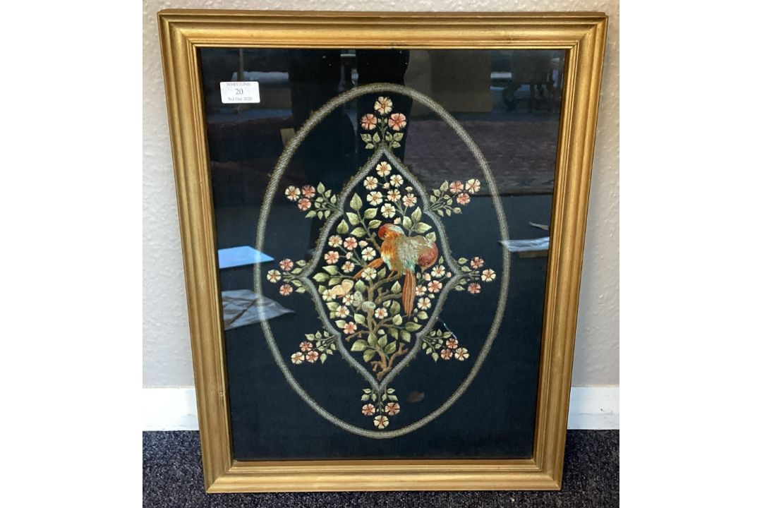 A gilt framed and glazed tapestry depicting birds and flowers.