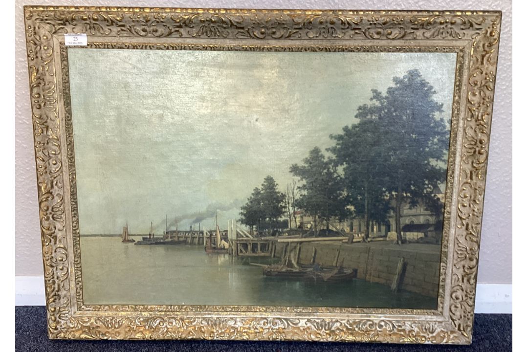 A framed oil on canvas depicting a view of boats docked on the river Scheldt, Antwerp.