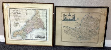 Two framed and glazed prints depicting old maps of Cornwall and Dorset.