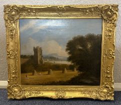 A gilt framed oil on canvas depicting a pastoral scene.