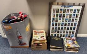 A mixed lot of collectable 'Story of Pop' binders, Beano and Dandy comics, toys etc.