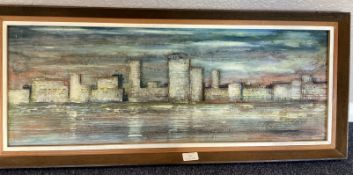 JACK RAY: (British, b. 1946): A framed oil on board depicting high rise buildings.