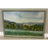 A framed acrylic on board entitled 'Cows in the morning Woodbury'.