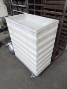 +VAT 8 45x75cm plastic stackable dough trays on a metal 4 wheel dolly