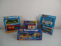 Six Matchbox SuperKings models: K-68 Dodge Monaco and trailer, K-24 Scammell container truck x 2,